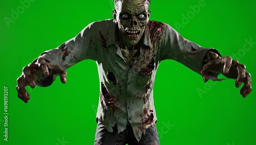 Creepy Zombie on Green Screen: Horror, Undead, Apocalypse, Chromakey