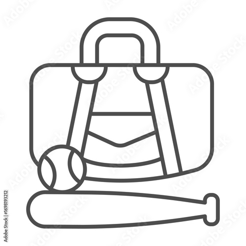 Bag with bat and ball thin line icon, baseball game concept. Vector graphics. Baseball player accessory, sport sign on white background, outline style icon for mobile or web design.