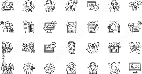 Creative jobs icon set. Thin line editable stroke icons illustration for arts, design, media, content, music, fashion professions careers