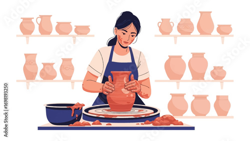 Artisan at Work: A skilled artisan, engrossed in crafting an earthenware masterpiece on a pottery wheel, surrounded by various pottery pieces and equipment. Witness the precision, passion.