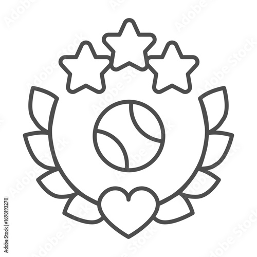 Ball on wreath emblem thin line icon, baseball game concept. Vector graphics. Baseball ball with branches, heart and stars sign on white background, outline style icon for mobile or web design.