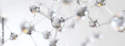 Banner Crystalline transparent silver molecule structure on white background. Molecules are connected by thin transparent threads. Laboratory, scientific background, research
