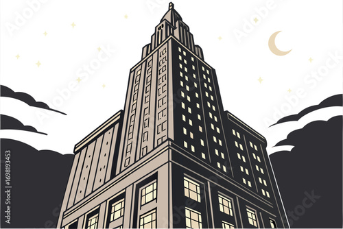 Art Deco Building Night Scene Illustration