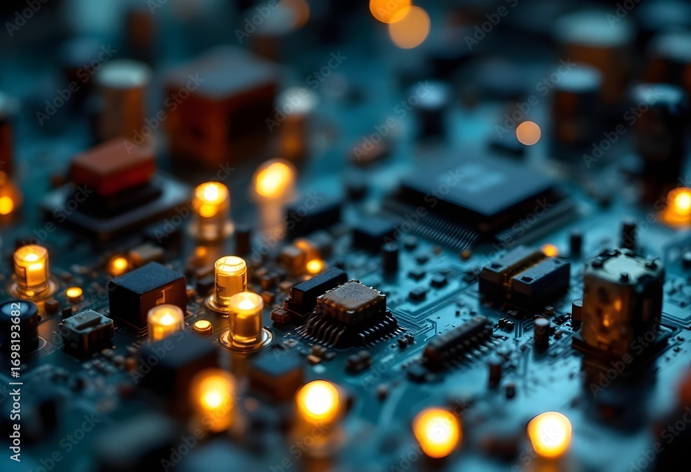 Obraz premium Close up abstract view of a glowing electronic circuit board with illuminated components and bokeh lights
