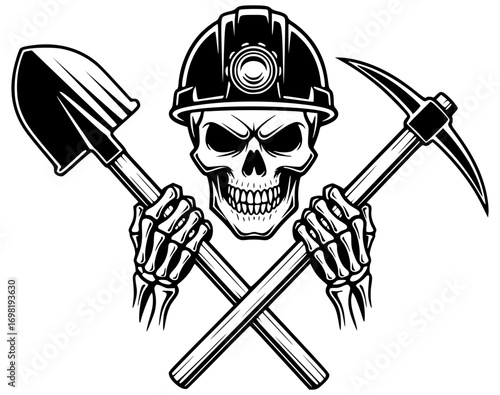 Miner Skull with Hard Hat, Pickaxe, and Shovel, Miner SVG, Skull SVG, Tools SVG, Construction SVG