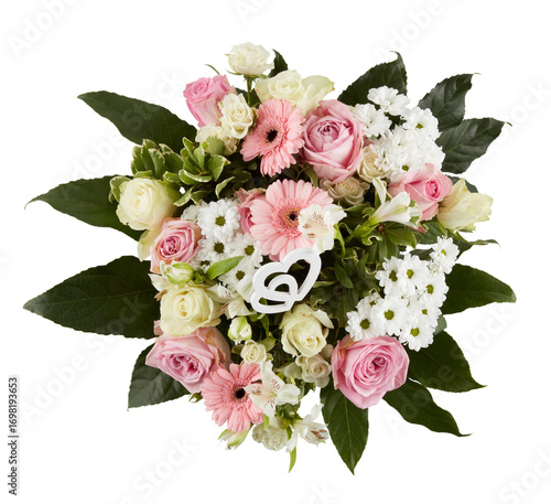 Bouquet of roses, chrysanthemums, pink, white, top view cut out isolated transparent background