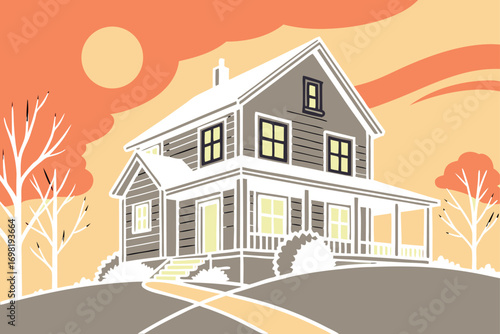 Retro House Illustration, Autumn Sunset