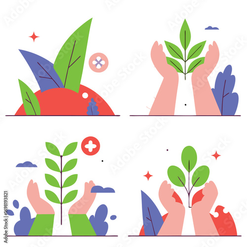 Hands protecting and nurturing green plants and nature