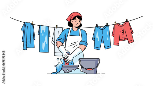 Laundry Day: An illustration of a woman cheerfully washing clothes by hand, clothes drying on a clothesline, in a nostalgic style.