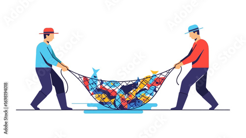 Two Fishermen's Bounty: Two fishermen work together, pulling a net bursting with colorful fish, a testament to teamwork, abundance, and the rewards of labor.