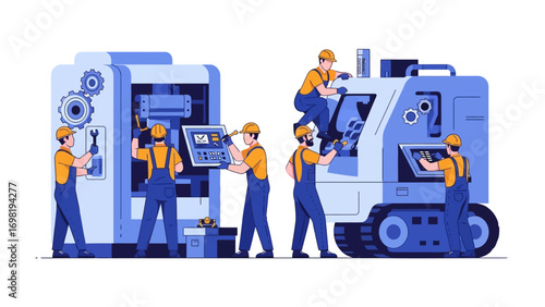 Industry Professionals at Work: A team of skilled industry professionals meticulously maintains advanced machinery.