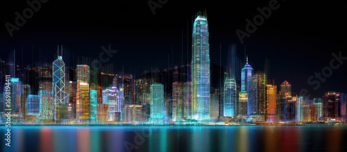 A vibrant cityscape at night, illuminated by colorful digital lines, reflecting on the still water.
