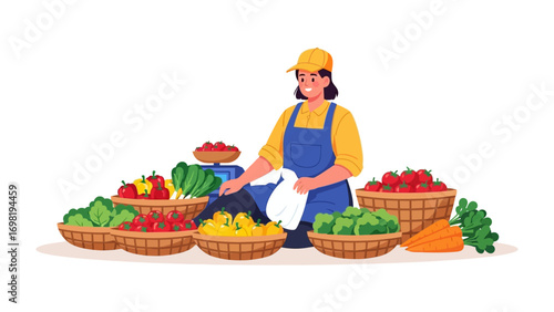 Fresh Produce Market: A vendor tends to a vibrant display of fresh, colorful vegetables and fruits. A snapshot of culinary inspiration, and promoting a healthy lifestyle.