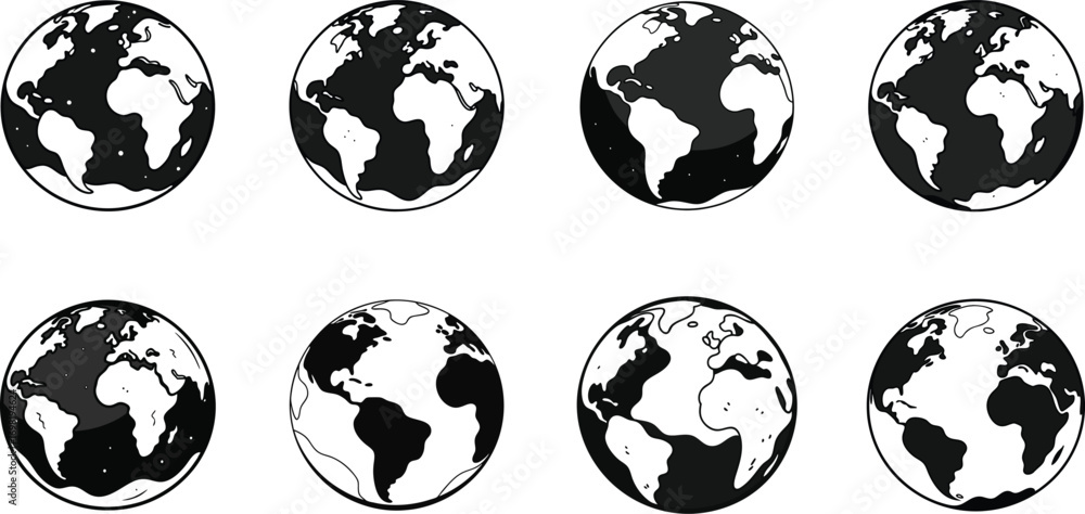 Obraz premium Black and white illustrations of Earth showing different continents and views