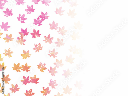 モミジの紅葉イメージの背景素材。水彩風テクスチャー。葉っぱのシルエット。かわいい色調。光の粒子や水滴の輝き。コピースペース