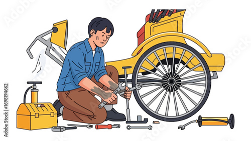 Maintenance Technician at Work: A skilled technician diligently repairs a vintage vehicle, demonstrating precision and expertise in his craft.