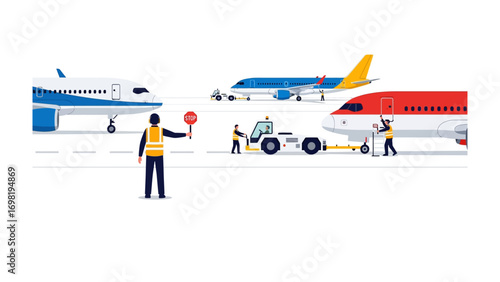 Airport Ground Crew in Action: An airport ground crew efficiently directs airplanes on the tarmac, ensuring safe movement and operations. showcasing the coordination.