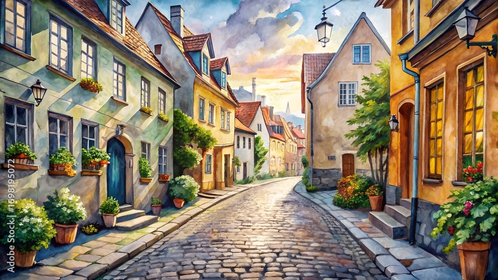 Fototapeta premium Photo of charming cobblestone street lined with colorful, oldworld european buildings, bathed in the warm glow of sunset, watercolor painting style