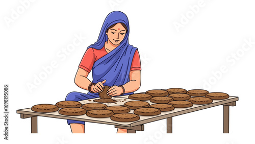 Artisan Woman Crafting Pottery: A dedicated artisan skillfully shapes clay into pottery on a rustic wooden table, embodying the art of traditional craftsmanship.