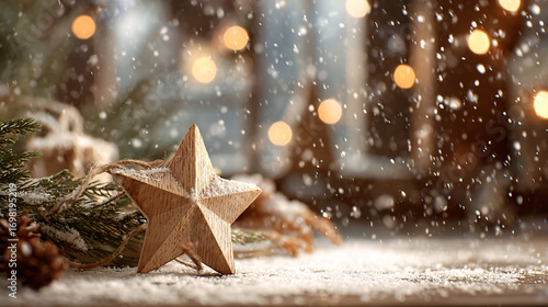Rustic Wooden Star Decoration on Snowy Holiday Background