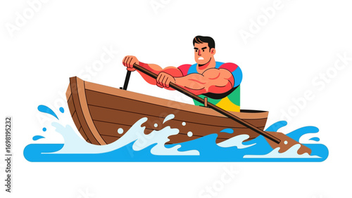 Dynamic Rowing: An illustration captures the intense focus and power of a rower propelling a wooden boat through choppy water, a visual testament to human strength and the thrill of water sports.