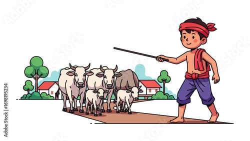 A Day in the Field: A young farmer, with a determined gaze, guides his herd of cows across a winding path. The idyllic scene represents agricultural life. 