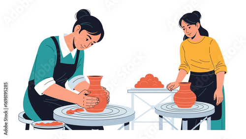 Pottery Artistry: Two craftswomen meticulously mold clay on a pottery wheel, a testament to skill, concentration, and the transformation of raw earth into functional artistry.