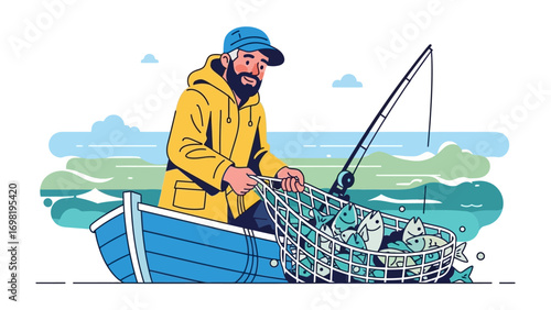 A Fisherman's Bounty: A seasoned fisherman, clad in weather-appropriate gear, hauls in a full net of shimmering fish from his modest boat, a testament to his expertise.