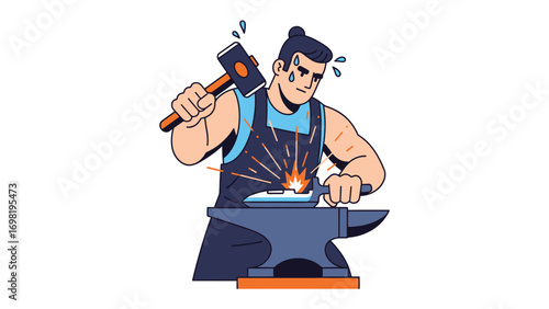 Blacksmith at Work: An illustration depicting a blacksmith diligently hammering hot metal on an anvil, creating sparks and displaying focus and sweat, symbolizing craftmanship and skill.
