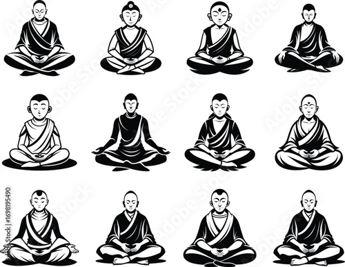 Meditating Buddha silhouettes in various poses illustrating mindfulness and serenity practice