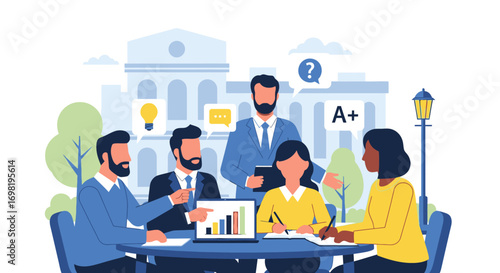 University students brainstorming session with faculty and laptops outdoors vector