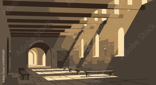 Sunlit Hall Illustration with Arches and Beams Art Concept