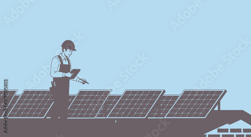 Solar Panel Technician Inspecting Rooftop Array Illustration