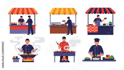 Culinary Market Delights: A vibrant illustration showcasing diverse street food stalls, each manned by a skilled chef crafting mouthwatering dishes amidst a lively market atmosphere.