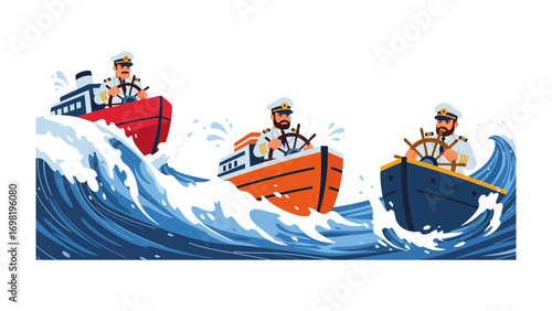 Naval Commanders in the Storm: Three vessels, each captained by a seasoned commander, navigate a turbulent sea, their resolve unshaken as they steer through the challenging waters.