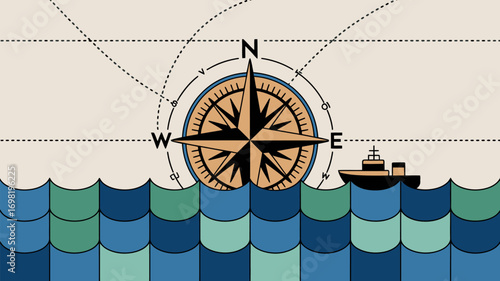 A nautical scene featuring a compass rose above stylized waves with a ship on the right side of the image