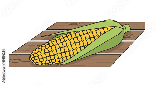 Bright Corn on Cob Artwork On Rustic Wood Grain Surface