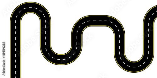 Top view vector of a curved two lane highway with dashed center lines winding path empty lanes and asphalt texture ideal for map icons route planning highway graphics transport and journey backgrounds