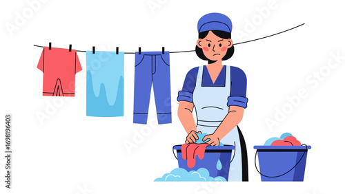 Washing laundry and drying in the line: A woman washes clothes by hands, hangs clothes in the line