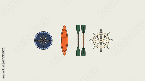 Illustration of a compass, canoe, paddles, and ship wheel on a light beige background flat lay view