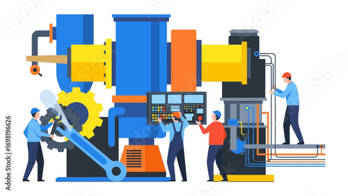 Industrial Collaboration: A dedicated team of engineers and technicians meticulously operates and maintains complex machinery within a bustling industrial environment.