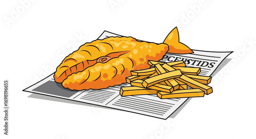 A delicious and crispy fried fish served with golden brown french fries on a newspaper, a classic and iconic meal enjoyed by many
