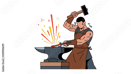 Crafting Excellence: A blacksmith, wielding a hammer with focused precision, forges metal on an anvil, sparks flying as a testament to his craftsmanship.