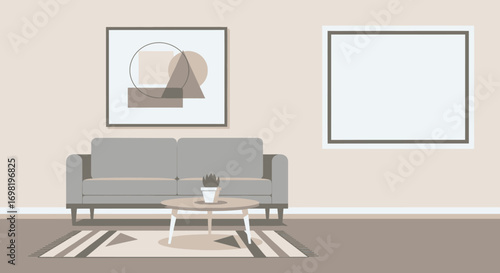Minimalist Living Room Interior with Sofa and Geometric Artwork