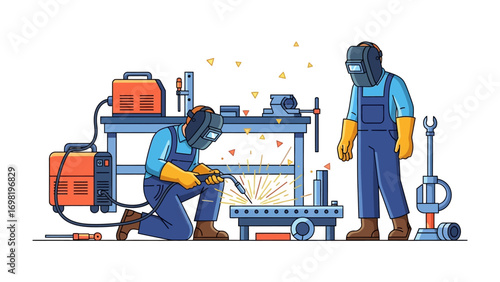 Welding Process Illustration:  Two skilled workers are engaged in a welding process, meticulously joining metal components in a workshop environment. Spark and sparks are seen.