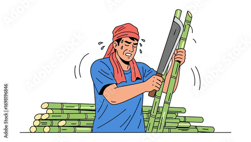 Hard work: An illustration capturing a farmer's labor, slicing sugarcane using a machete, embodying the dedication and physical exertion of rural life.