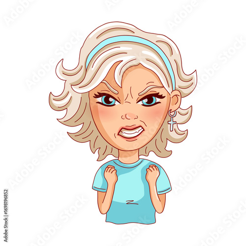 Angry female person isolated on white background. Vector illustration.