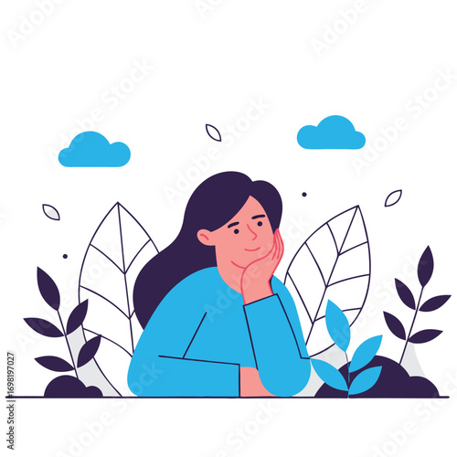 Young woman looking thoughtful surrounded by nature elements