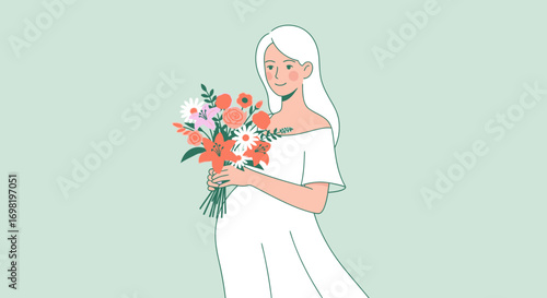 Elegant pregnant woman holding beautiful flower bouquet pastel background
