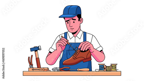 Artisan Cobbler: A skilled artisan, deep in concentration, meticulously repairs a worn leather shoe. This image evokes the timeless craft of mending and the dedication to preserve quality.